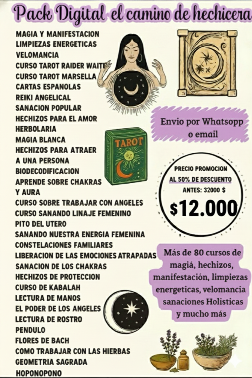 Llévate todos estos packs en promo : Pack Cursos Holisticos + PACK Camino de la Hechicera,+ MASTER EN  TAROT+ PACK Psicologia